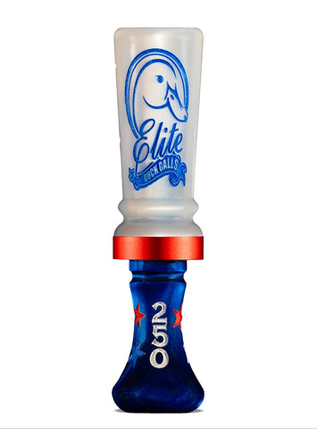 Elite Duck Call celebrating Americas 250th birthday using Red White and Blue acrylic, band and paint star spangled duck call custom built and painted
